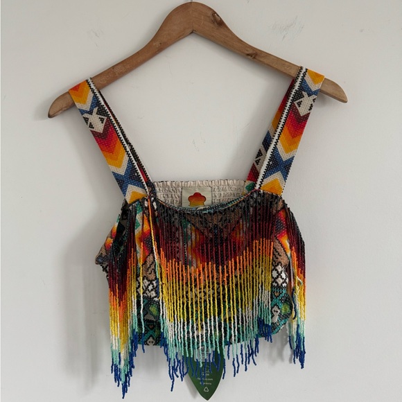 FARM Rio Tops - FARM Rio Multicolor Beaded Fringe Crop Top